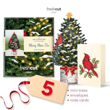 Freshcut Paper Pop Up Cards, Merry Mini Tree, 7 inch Mini Sized Paper Christmas Tree 3D Popup Greeting Cards, Christmas Card, Holiday Card, Blank Notecards & Envelopes, Pack of 5