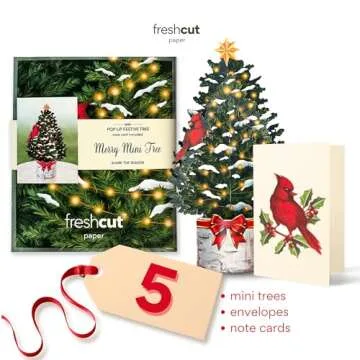 Freshcut Paper Pop Up Cards, Merry Mini Tree, 7 inch Mini Sized Paper Christmas Tree 3D Popup Greeting Cards, Christmas Card, Holiday Card, Blank Notecards & Envelopes, Pack of 5