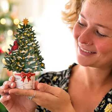 Freshcut Paper Pop Up Cards, Merry Mini Tree, 7 inch Mini Sized Paper Christmas Tree 3D Popup Greeting Cards, Christmas Card, Holiday Card, Blank Notecards & Envelopes, Pack of 5