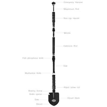 CHINLIN Entrenching Tool Shovel, Car Emergency Hammer Kit Portable Heavy Duty Survival Gear Multi-Function Folding Shovel for Camping Backpacking Hiking (: Black Bag with Stainless Steel)
