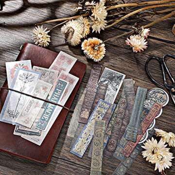 120 Pieces Vintage Scrapbook Washi Stickers Antique Decorative Planner Journal Sticker Decals Retro DIY Self-Adhesive Washi Paper Stickers for Photo Albums Cards DIY Projects (Flower, Title, Book)