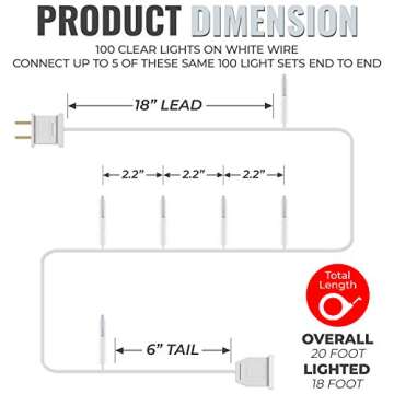 612 Vermont 100 Clear Christmas Lights on White Wire, UL Approved for Indoor/Outdoor Use, 18 Foot of Lighted Length, 20 Foot of Total Length