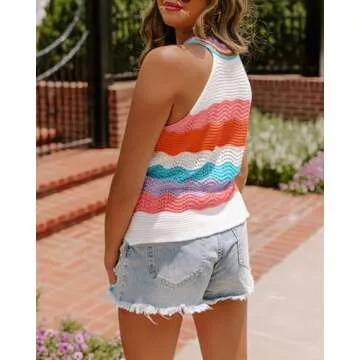 Dellytop Women’s Halter Neck Sweater Vest Color Block Sleeveless Loose Knit Tank Top