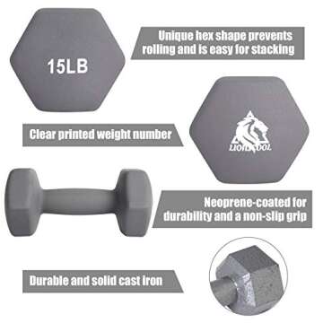 LIONSCOOL Neoprene Coated Dumbbell Weights (Grey 15lb Pair)