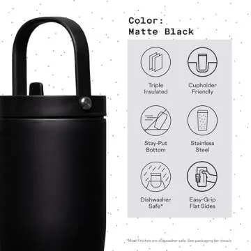 Corkcicle Go Cup XL Insulated Tumbler with Lid and Straw, Matte Black, 30 oz – Reusable Water Bottle Keeps Beverages Cold for 12hrs – Cupholder Friendly Tumbler, Leak-Proof Design