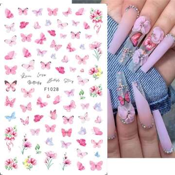 Foweso Butterfly Nail Art Stickers Decals 3D Self Adhesive Butterfly Nail Decals Supply Pink Purple Blue Butterflies Flowers Leaf Nail Design Stickers for Women Girls DIY Manicure Nail Decorations