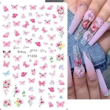 Foweso Butterfly Nail Art Stickers Decals 3D Self Adhesive Butterfly Nail Decals Supply Pink Purple Blue Butterflies Flowers Leaf Nail Design Stickers for Women Girls DIY Manicure Nail Decorations