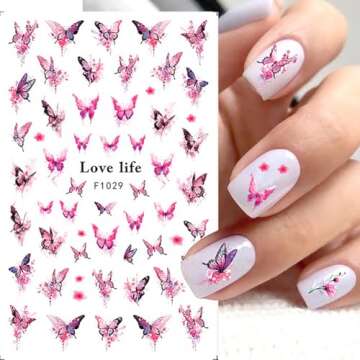 Foweso Butterfly Nail Art Stickers Decals 3D Self Adhesive Butterfly Nail Decals Supply Pink Purple Blue Butterflies Flowers Leaf Nail Design Stickers for Women Girls DIY Manicure Nail Decorations