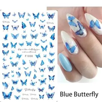 Foweso Butterfly Nail Art Stickers Decals 3D Self Adhesive Butterfly Nail Decals Supply Pink Purple Blue Butterflies Flowers Leaf Nail Design Stickers for Women Girls DIY Manicure Nail Decorations