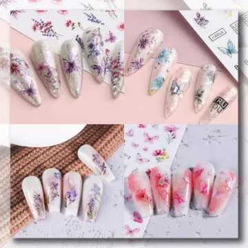 Foweso Butterfly Nail Art Stickers Decals 3D Self Adhesive Butterfly Nail Decals Supply Pink Purple Blue Butterflies Flowers Leaf Nail Design Stickers for Women Girls DIY Manicure Nail Decorations