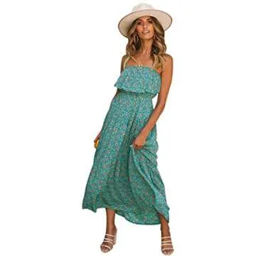 SOLERSUN Floral Dresses for Women, Womens Elegant Floral Printed Beach Dress Off Shoulder Ruffle Spaghetti Strap Boho Maxi Long Dress Green S