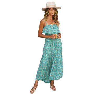 SOLERSUN Floral Dresses for Women, Womens Elegant Floral Printed Beach Dress Off Shoulder Ruffle Spaghetti Strap Boho Maxi Long Dress Green S