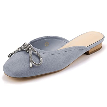 Coutgo Mules for Women, Flat Backless Comfort Loafer with Square Toe, Casual Slip on with Rhinestone Bow