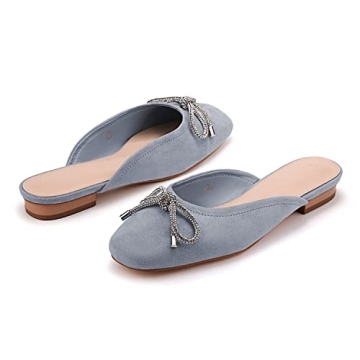 Coutgo Mules for Women, Flat Backless Comfort Loafer with Square Toe, Casual Slip on with Rhinestone Bow
