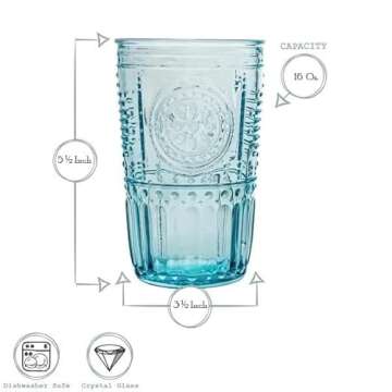 Bormioli Rocco Romantic Candy 16 oz. Cooler Glass for Drinks, Juices, and Cocktails, 4 Count (Pack of 1), Light Blue