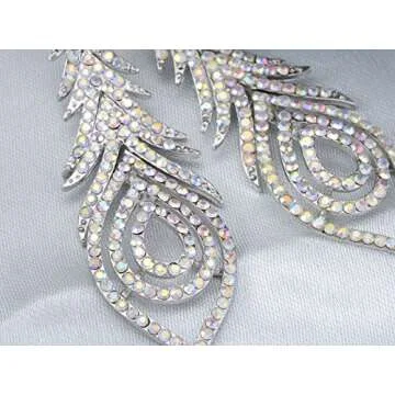 Alilang Aurora Borealis Pave Crystal Rhinestone Peacock Feather Dangle Drop Silvery Tone Earrings