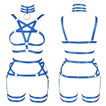 Women's Body Harness Pentagram Bra Garter Belt Set Punk Gothic Carnival Halloween Elastic Adjustable Dance Costume (Royal Blue)