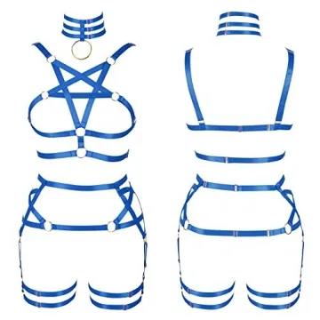 Women's Body Harness Pentagram Bra Garter Belt Set Punk Gothic Carnival Halloween Elastic Adjustable Dance Costume (Royal Blue)
