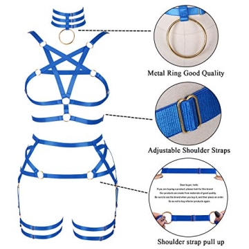 Women's Body Harness Pentagram Bra Garter Belt Set Punk Gothic Carnival Halloween Elastic Adjustable Dance Costume (Royal Blue)