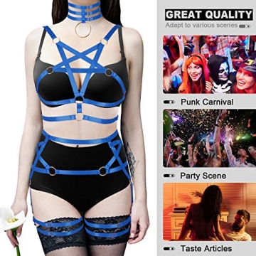 Women's Body Harness Pentagram Bra Garter Belt Set Punk Gothic Carnival Halloween Elastic Adjustable Dance Costume (Royal Blue)