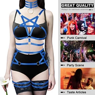 Women's Body Harness Pentagram Bra Garter Belt Set Punk Gothic Carnival Halloween Elastic Adjustable Dance Costume (Royal Blue)