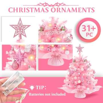 XmasExp 20in Mini Christmas Tree with Lights Pink Small Christmas Tree Artificial Tabletop Xmas Decor Holiday Decoration for Home, Office, Party