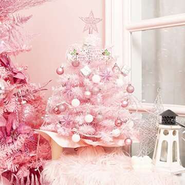 XmasExp 20in Mini Christmas Tree with Lights Pink Small Christmas Tree Artificial Tabletop Xmas Decor Holiday Decoration for Home, Office, Party