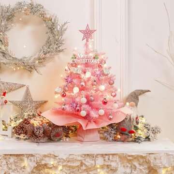 XmasExp 20in Mini Christmas Tree with Lights Pink Small Christmas Tree Artificial Tabletop Xmas Decor Holiday Decoration for Home, Office, Party