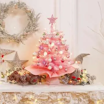 XmasExp 20in Mini Christmas Tree with Lights Pink Small Christmas Tree Artificial Tabletop Xmas Decor Holiday Decoration for Home, Office, Party