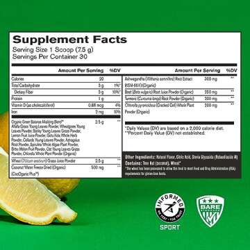 BARE PERFORMANCE NUTRITION, BPN Strong Greens Superfood Powder, Lemon, 30 Servings