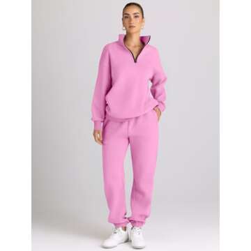 AUTOMET Women's Sweatsuits 2 Piece Outfits Long Sleeve Half Zip Pullover and Baggy Sweatpants with Pockets Pink M