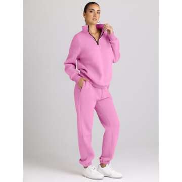 AUTOMET Women's Sweatsuits 2 Piece Outfits Long Sleeve Half Zip Pullover and Baggy Sweatpants with Pockets Pink M