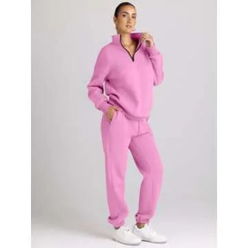 AUTOMET Women's Sweatsuits 2 Piece Outfits Long Sleeve Half Zip Pullover and Baggy Sweatpants with Pockets Pink M