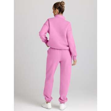 AUTOMET Women's Sweatsuits 2 Piece Outfits Long Sleeve Half Zip Pullover and Baggy Sweatpants with Pockets Pink M