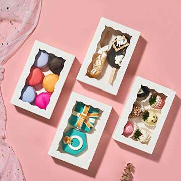 RomanticBaking 12 Pack Cookies Boxes Assembly Pop-up 7" x 4 3/8" x 1 1/2" White Bakery Boxes,Pastry Boxes,Dessert Boxes,Donuts Boxes