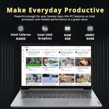 Lenovo 2022 Ideapad 1i 14" HD Laptop, Intel Celeron N4020 Processor, 4GB RAM, 64GB eMMC Flash Memory...