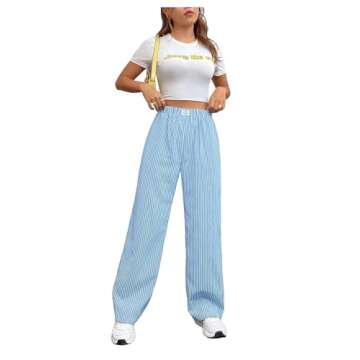 OYOANGLE Women's Straight Wide Leg Trousers Striped Print Letter Patched Detail High Waist Y2K Fashion Pants Light Blue Small