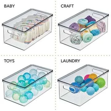 mDesign Plastic Pantry Storage Box Container with Lid and Built-In Handles - Organization for Flour, Cereal, Pasta, Rice, or Food in Kitchen Cupboard, Ligne Collection, 4 Pack, Clear/Smoke Gray