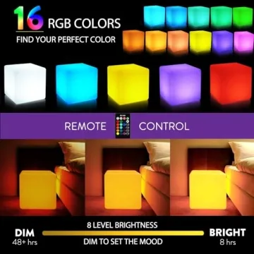 Mr.Go 16-inch Rechargeable LED Cube Chair Light, 16 RGB Colors LED Glow Cube Seat w/Remote, Waterproof LED Cube Table, Color Changing Cube Floor Lamp, Home Bedroom Patio Party Decorative Lighting