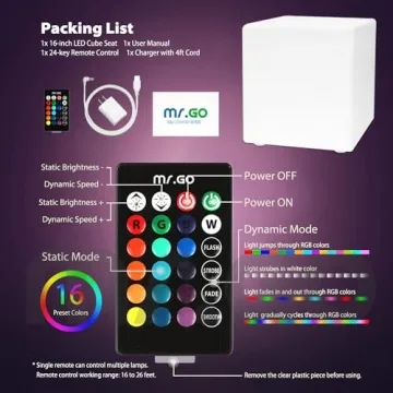 Mr.Go 16-inch Rechargeable LED Cube Chair Light, 16 RGB Colors LED Glow Cube Seat w/Remote, Waterproof LED Cube Table, Color Changing Cube Floor Lamp, Home Bedroom Patio Party Decorative Lighting