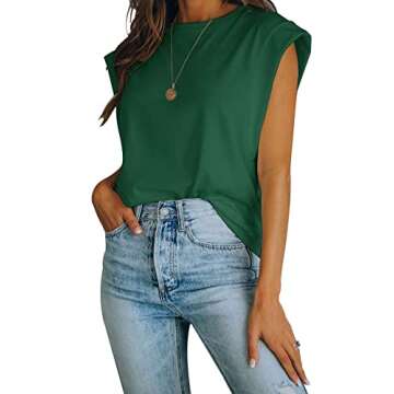 Women's Cap Sleeve Tank Top Crew Neck T Shirts Loose Fit Basic Summer Casual Tee Tops Dark Green
