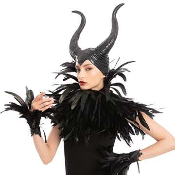 Spooktacular Creations Women Evil Queen Feather Horns Costume Accessories, Halloween Costume Accessories Adult Cosplay Party Gothic Crow Costume with Horn, Feather Shawl and Feather Cuff
