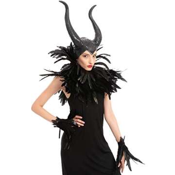 Spooktacular Creations Women Evil Queen Feather Horns Costume Accessories, Halloween Costume Accessories Adult Cosplay Party Gothic Crow Costume with Horn, Feather Shawl and Feather Cuff
