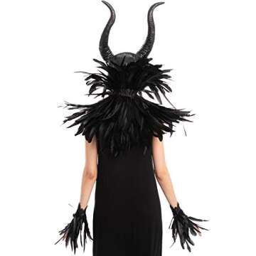 Spooktacular Creations Women Evil Queen Feather Horns Costume Accessories, Halloween Costume Accessories Adult Cosplay Party Gothic Crow Costume with Horn, Feather Shawl and Feather Cuff