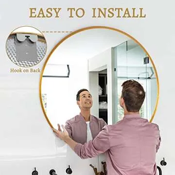 NeuType Round Mirror Circle Mirror 32 Inch Aluminum Alloy Frame Wall Mirror Large Vanity Hanging Decorative Mirrors for Entryway, Bathroom, Bedroom, Living Room, Golden