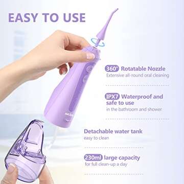 Sejoy Water Flossers for Teeth Cleaning, Water Flosser for Teeth Rechargeable Cordless, Electric Portable, 5 Cleaning Modes 8 Jet Tips, IPX7 Waterproof, 230ml, for Travel and Home