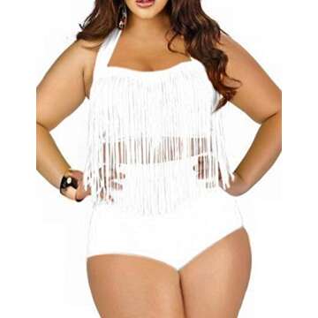 Uniarmoire Womens Plus Size High Waist Fringe Swimwear Two Piece Swimsuit White