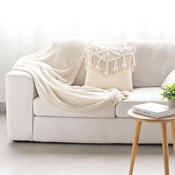 Mkono Boho Throw Pillow Covers, Macrame Square Pillow Cases with Tassels for Bed Sofa Bench Car Stylish Cushion Room Decor, Christmas New Year Gifts, Set of 2 Decorative Cushion Cover (17"x17")