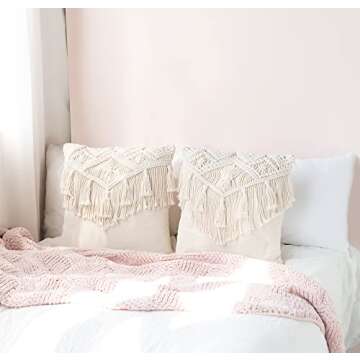 Mkono Boho Throw Pillow Covers, Macrame Square Pillow Cases with Tassels for Bed Sofa Bench Car Stylish Cushion Room Decor, Christmas New Year Gifts, Set of 2 Decorative Cushion Cover (17"x17")