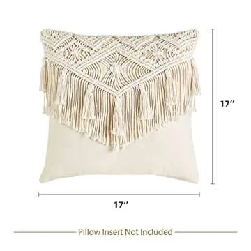 Mkono Boho Throw Pillow Covers, Macrame Square Pillow Cases with Tassels for Bed Sofa Bench Car Stylish Cushion Room Decor, Christmas New Year Gifts, Set of 2 Decorative Cushion Cover (17"x17")